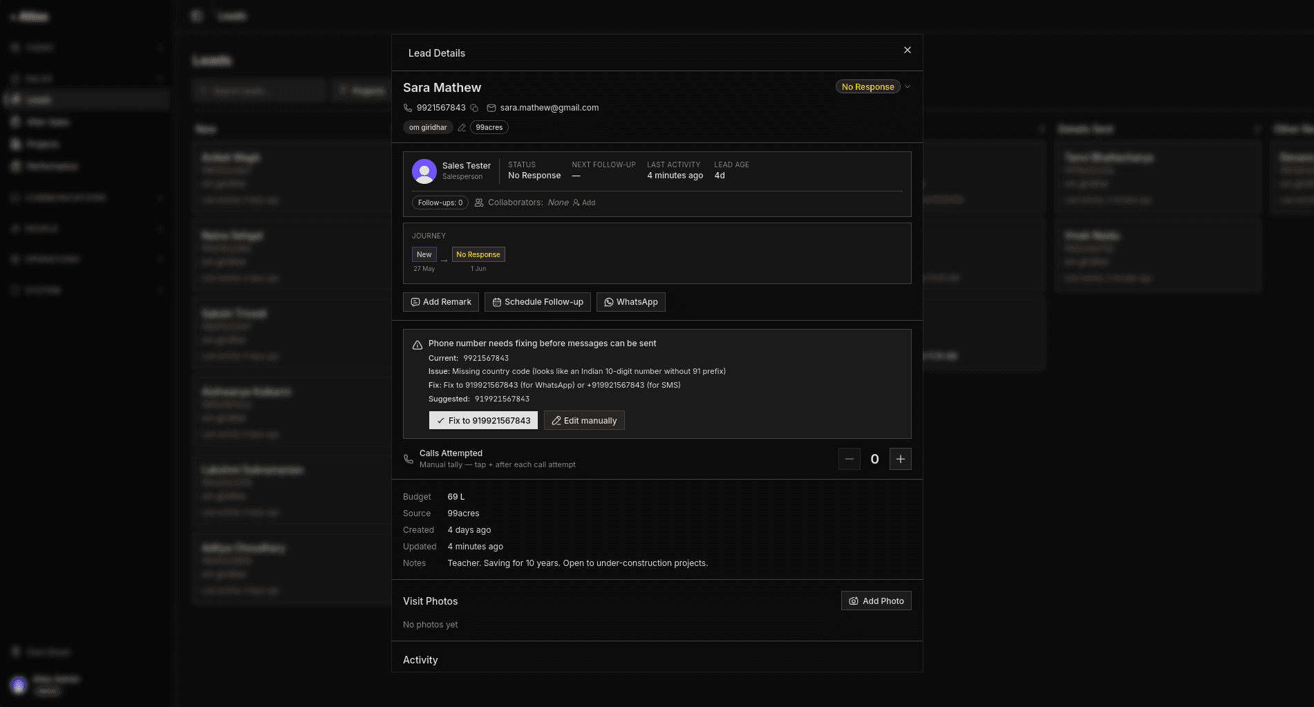 Lead detail with full activity history and the next action